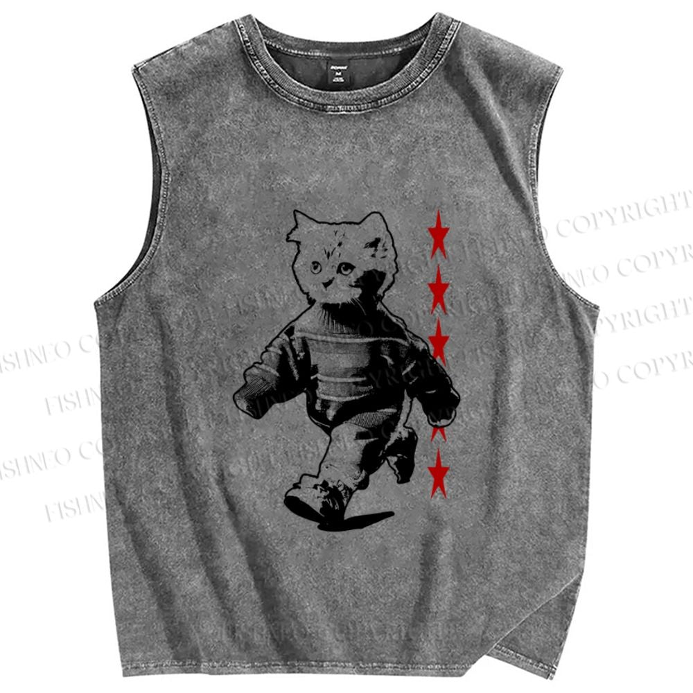 Unisex Vintage Cat Printed Washed Tank Top