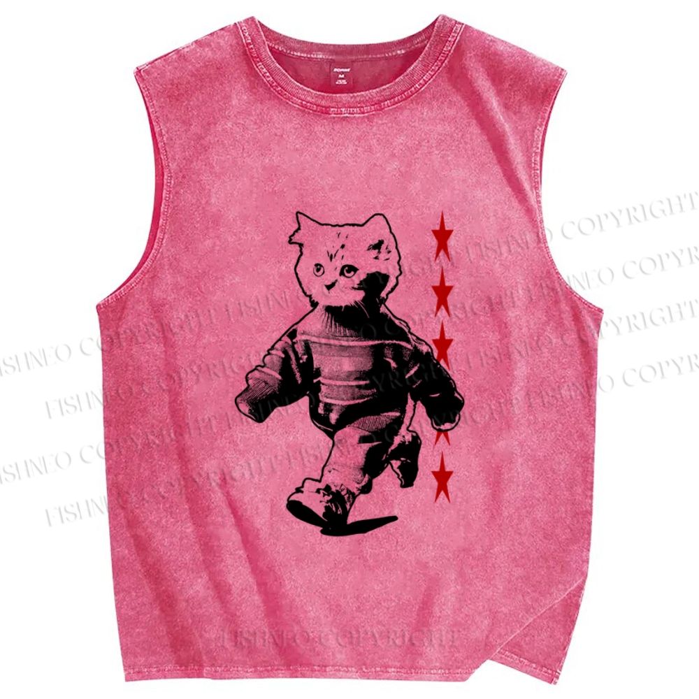 Unisex Vintage Cat Printed Washed Tank Top