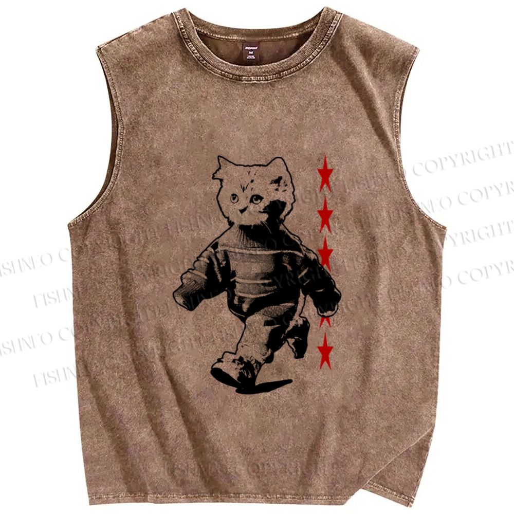 Unisex Vintage Cat Printed Washed Tank Top