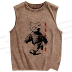 Unisex Vintage Cat Printed Washed Tank Top