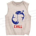 Unisex Chill Drinking Sardine Fish Printed Washed Tank Top