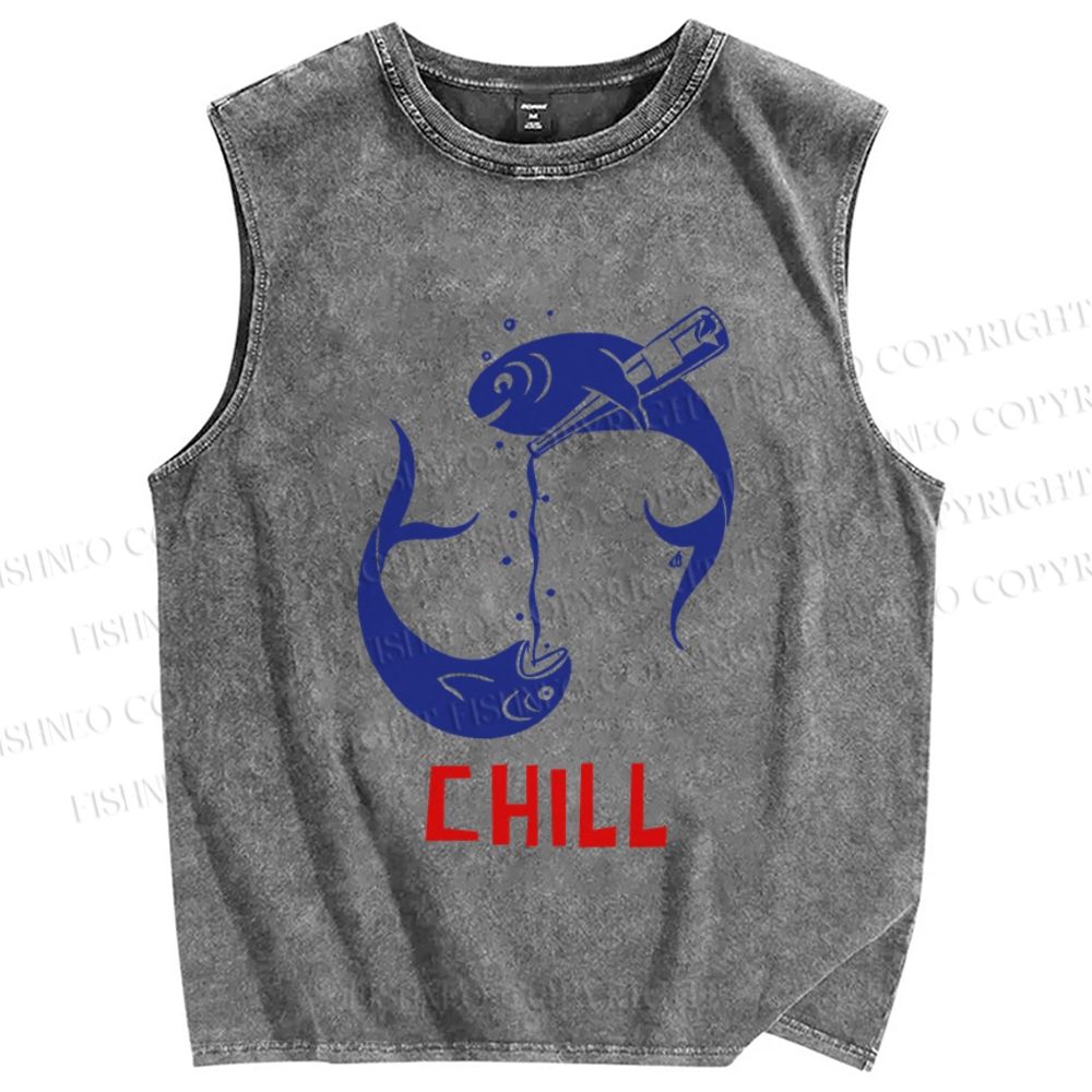 Unisex Chill Drinking Sardine Fish Printed Washed Tank Top