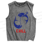 Unisex Chill Drinking Sardine Fish Printed Washed Tank Top