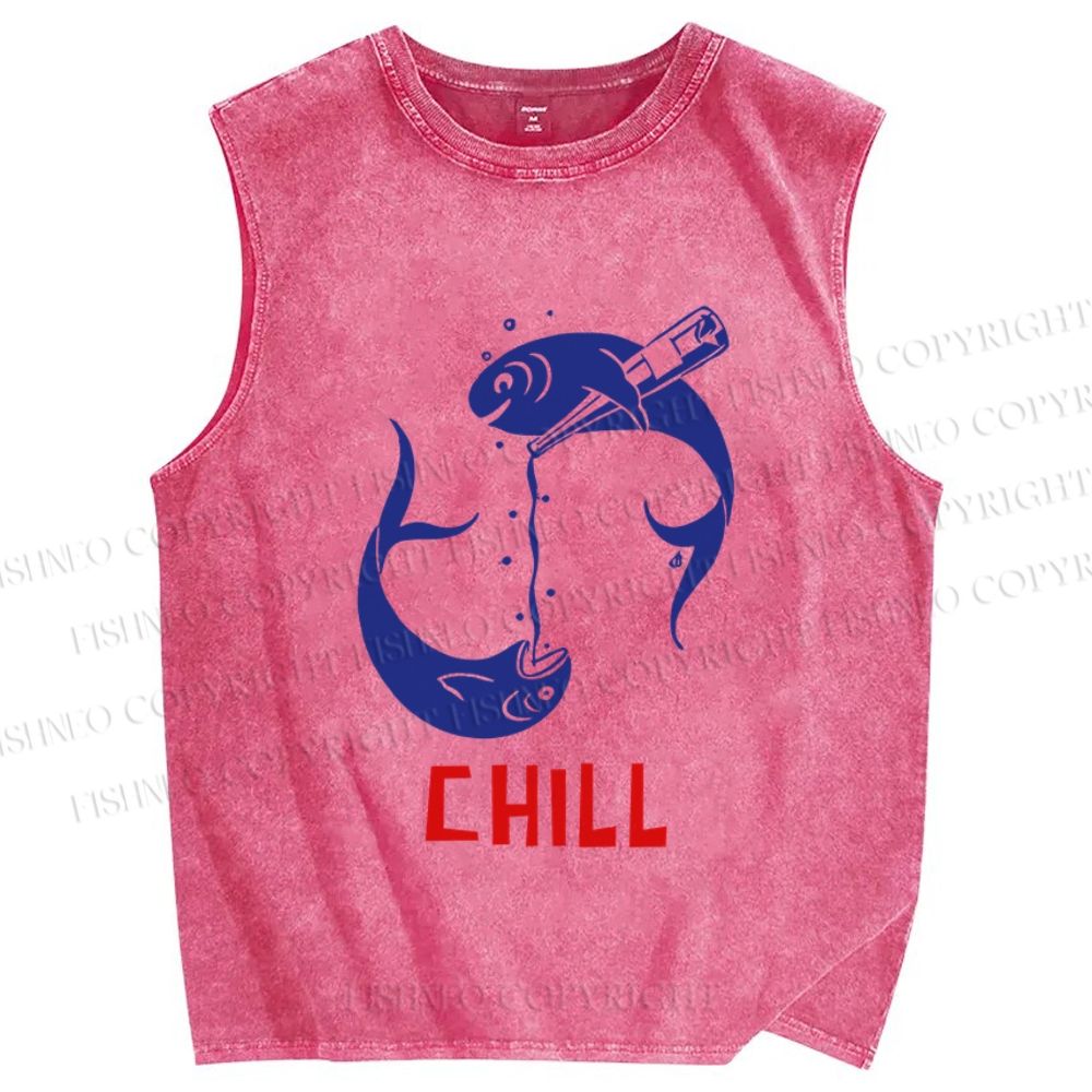 Unisex Chill Drinking Sardine Fish Printed Washed Tank Top