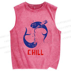 Unisex Chill Drinking Sardine Fish Printed Washed Tank Top