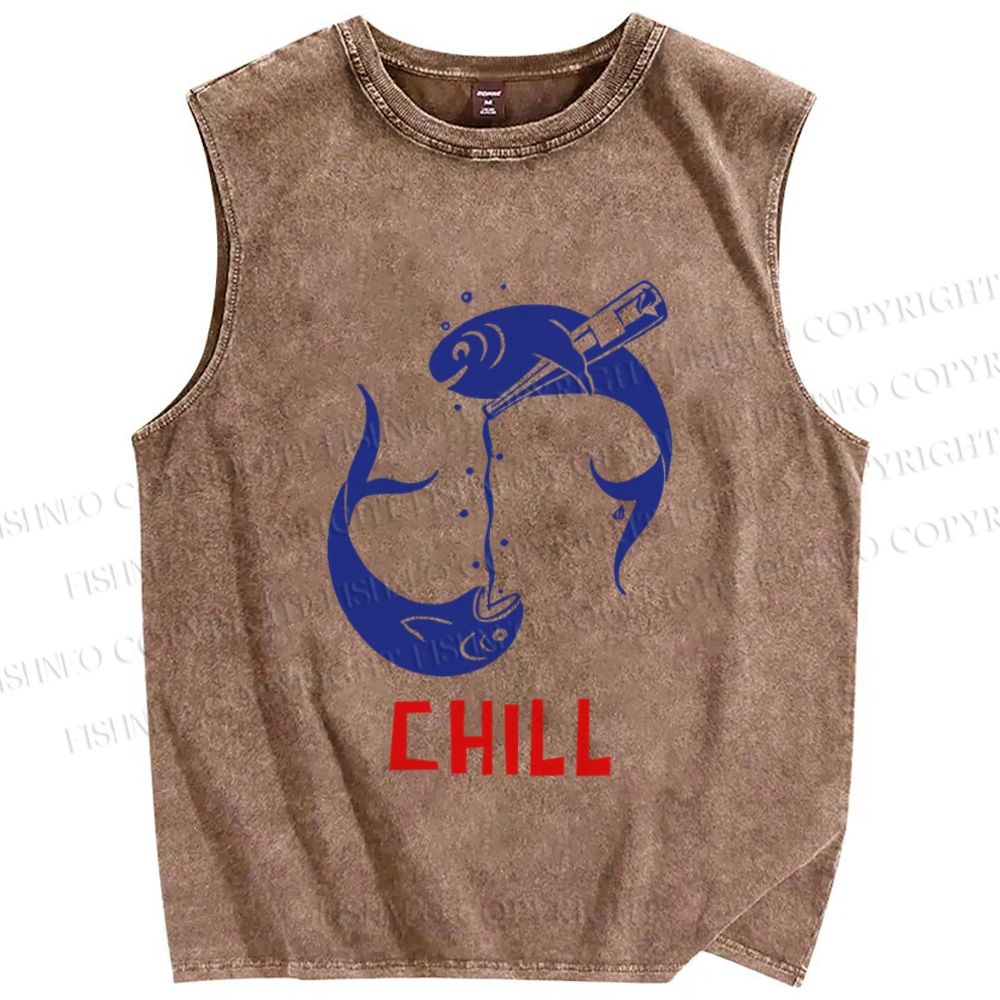 Unisex Chill Drinking Sardine Fish Printed Washed Tank Top