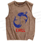Unisex Chill Drinking Sardine Fish Printed Washed Tank Top