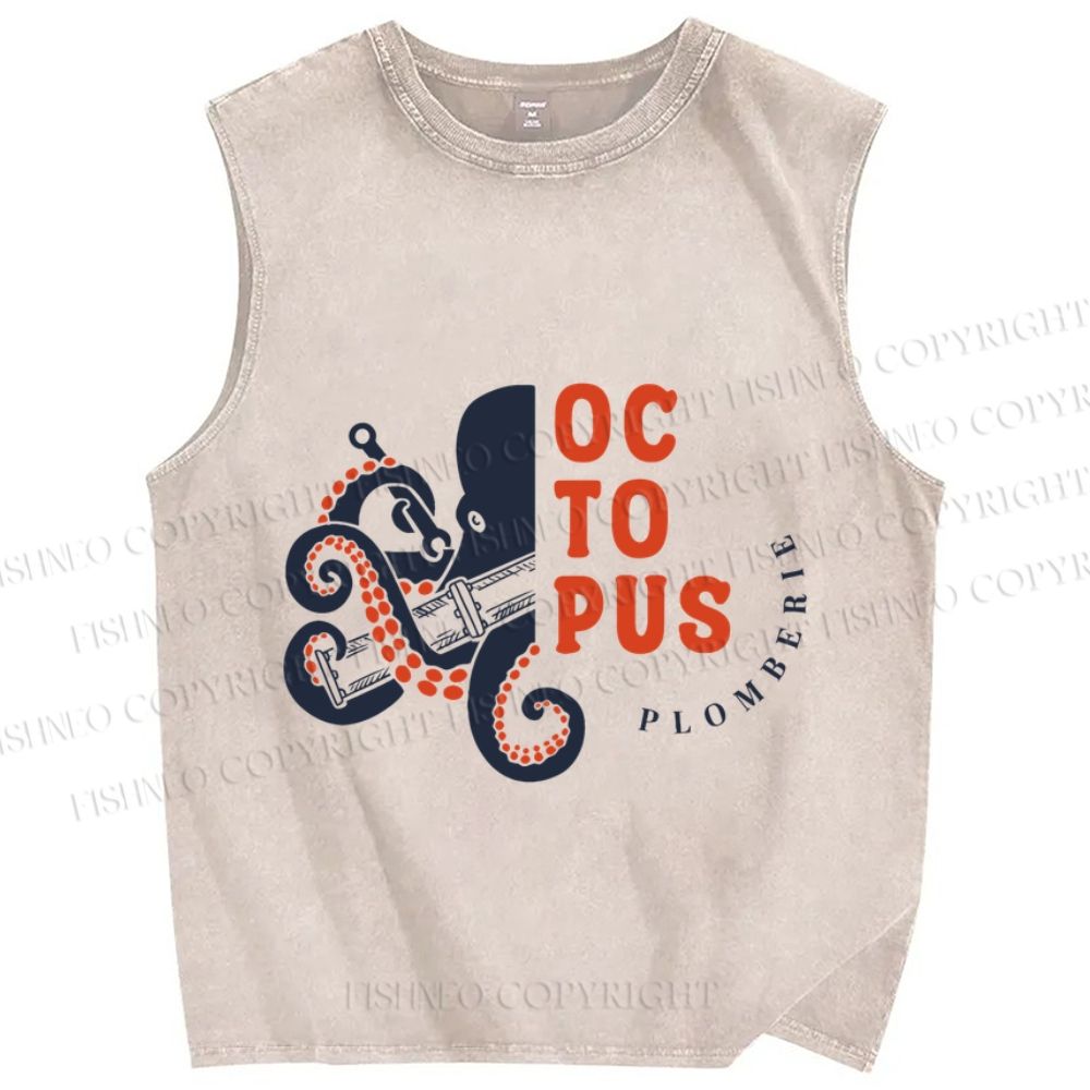 Unisex Vintage Octopus Printed Washed Tank Top