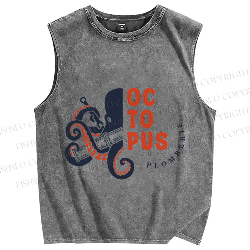 Unisex Vintage Octopus Printed Washed Tank Top