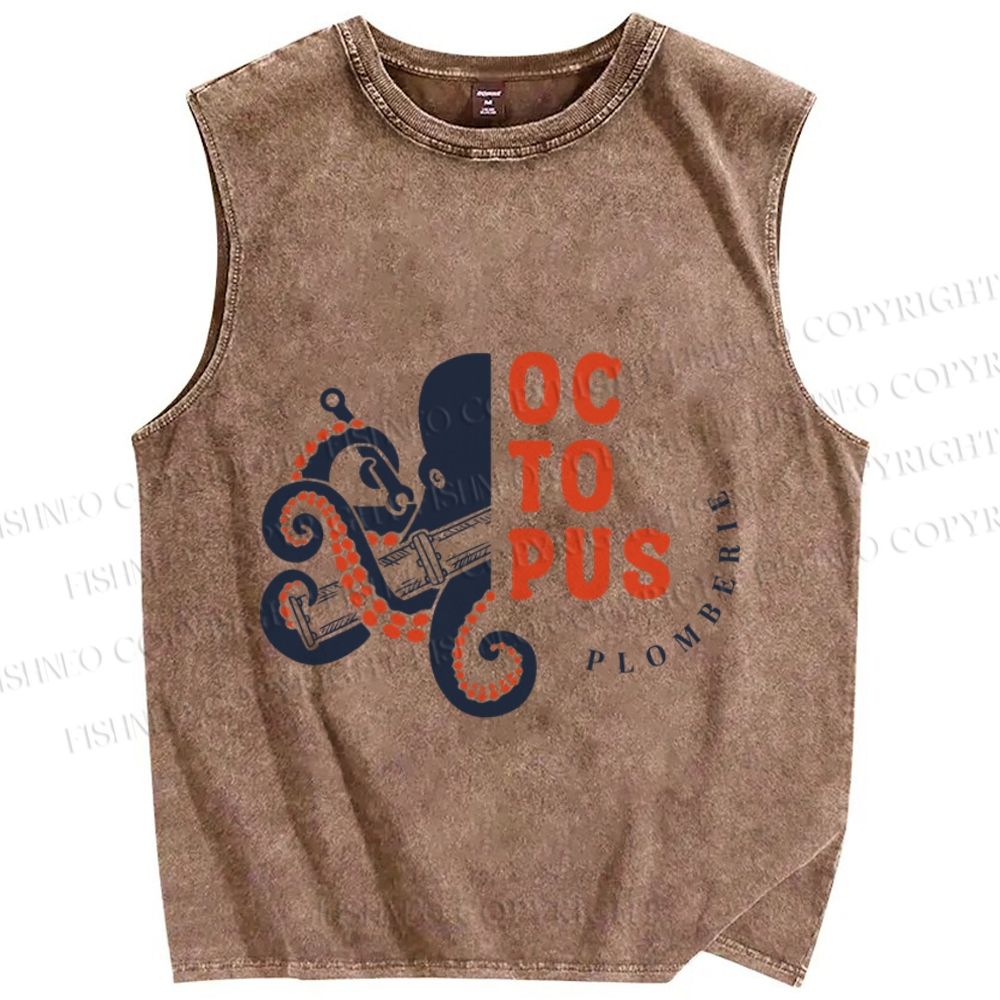 Unisex Vintage Octopus Printed Washed Tank Top