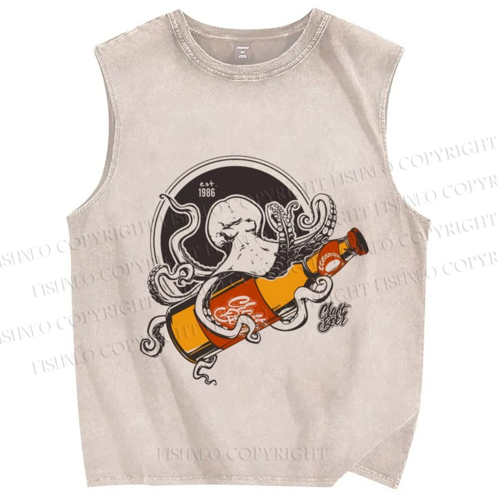 Unisex Vintage Octopus Beer Printed Washed Tank Top