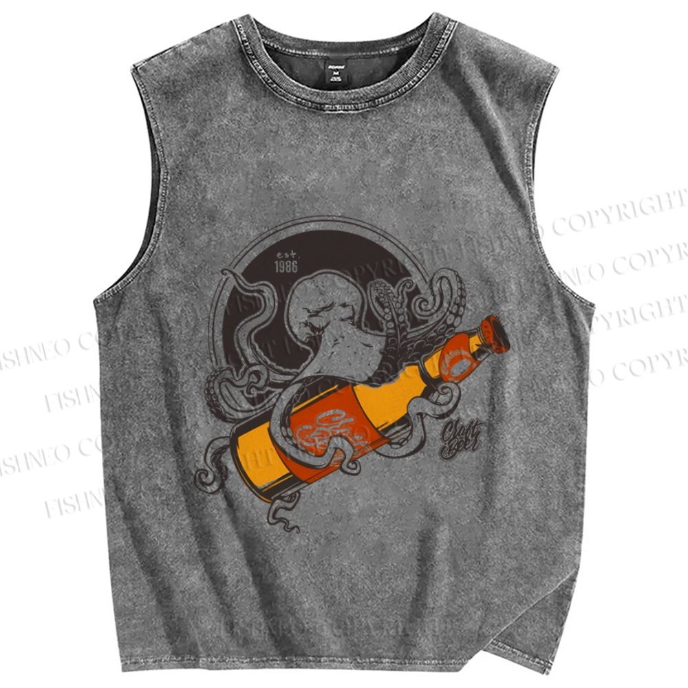 Unisex Vintage Octopus Beer Printed Washed Tank Top