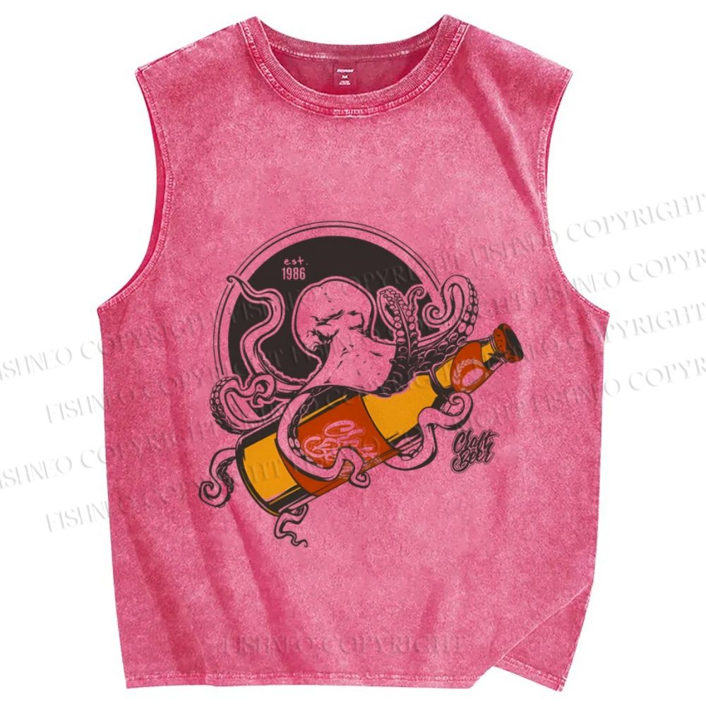 Unisex Vintage Octopus Beer Printed Washed Tank Top