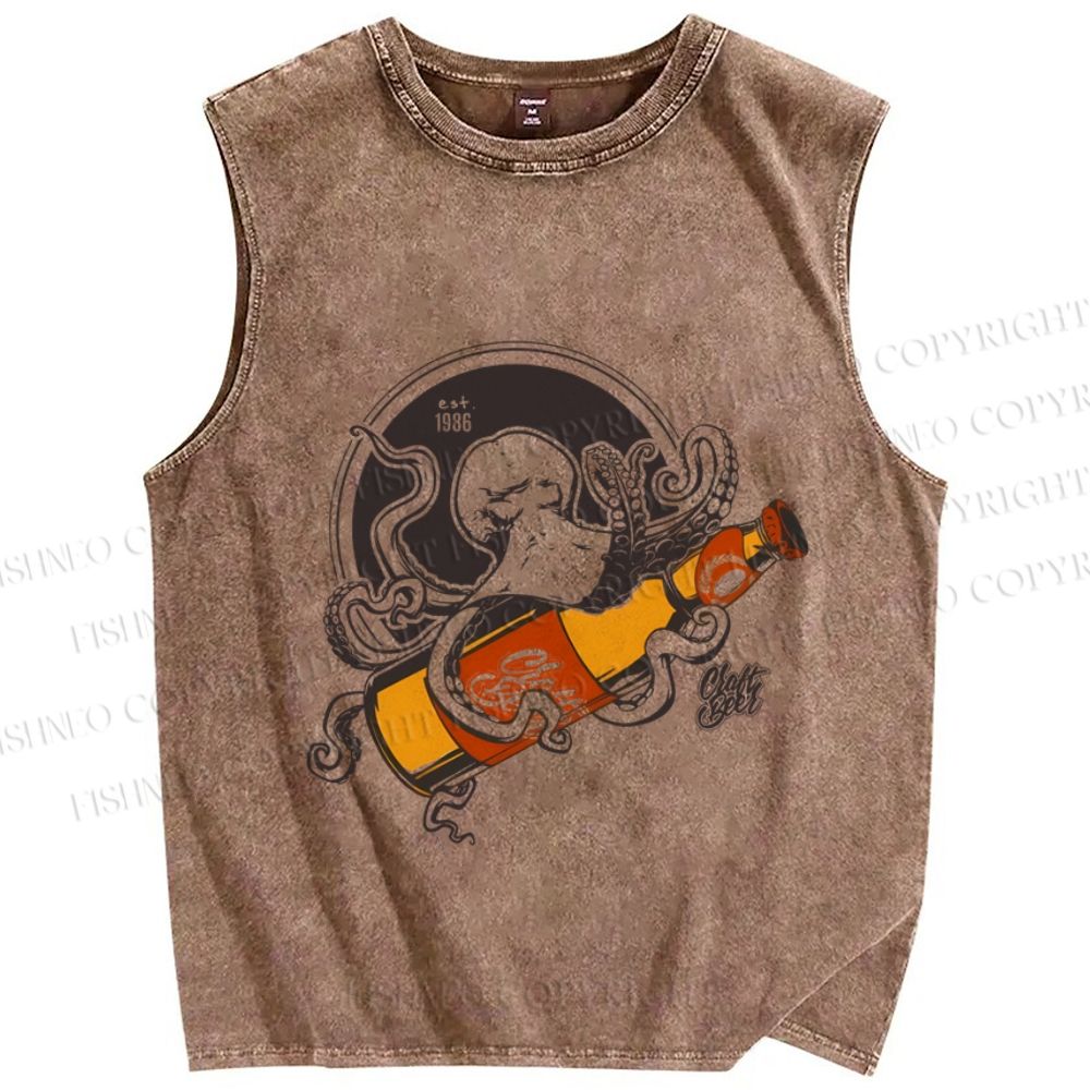 Unisex Vintage Octopus Beer Printed Washed Tank Top
