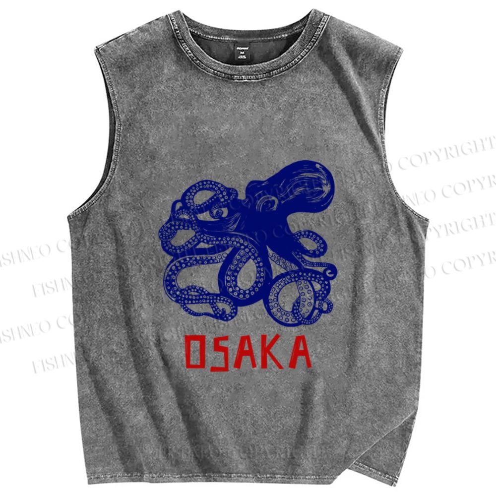 Unisex Vintage Osaka Octopus Printed Washed Tank Top
