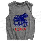 Unisex Vintage Osaka Octopus Printed Washed Tank Top
