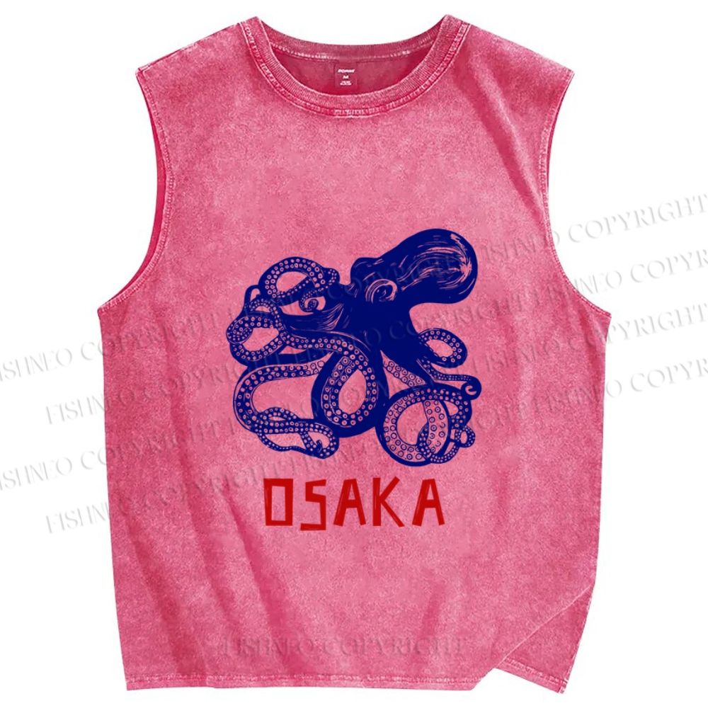 Unisex Vintage Osaka Octopus Printed Washed Tank Top
