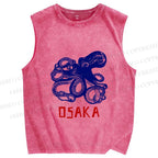 Unisex Vintage Osaka Octopus Printed Washed Tank Top