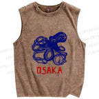 Unisex Vintage Osaka Octopus Printed Washed Tank Top
