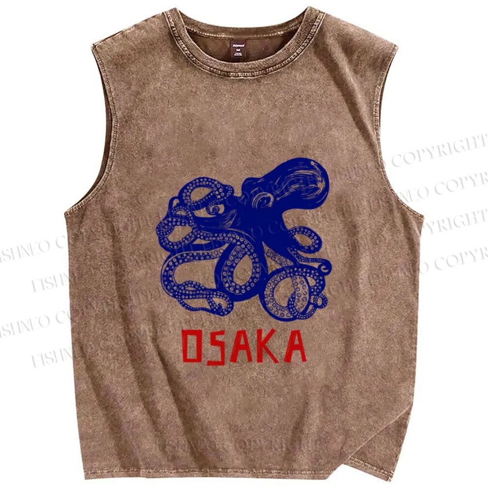 Unisex Vintage Osaka Octopus Printed Washed Tank Top