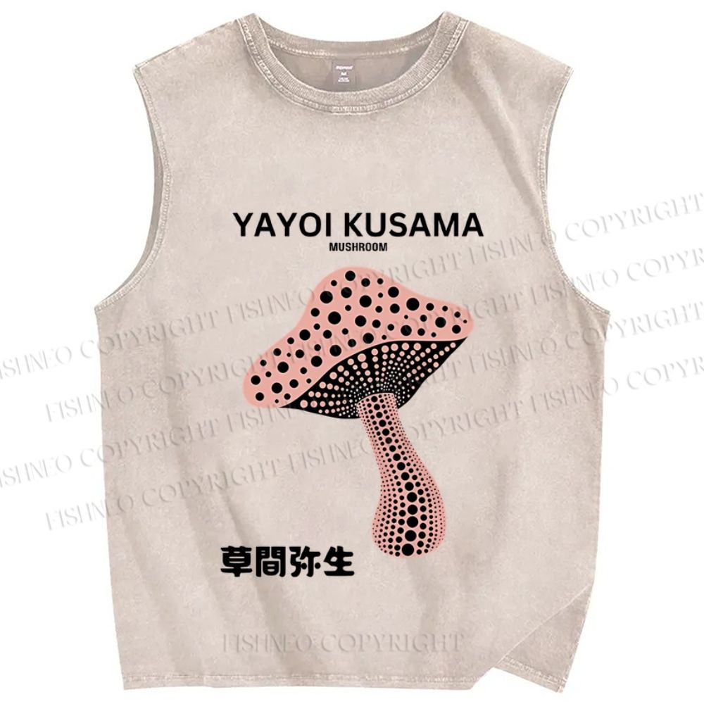 Unisex Japanese Yayoi Kusama Mushroom Printed Washed Tank Top