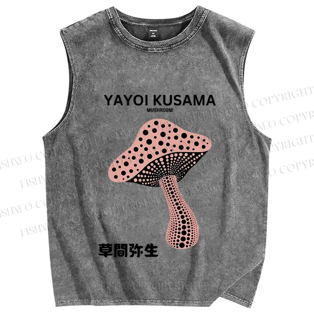 Unisex Japanese Yayoi Kusama Mushroom Printed Washed Tank Top