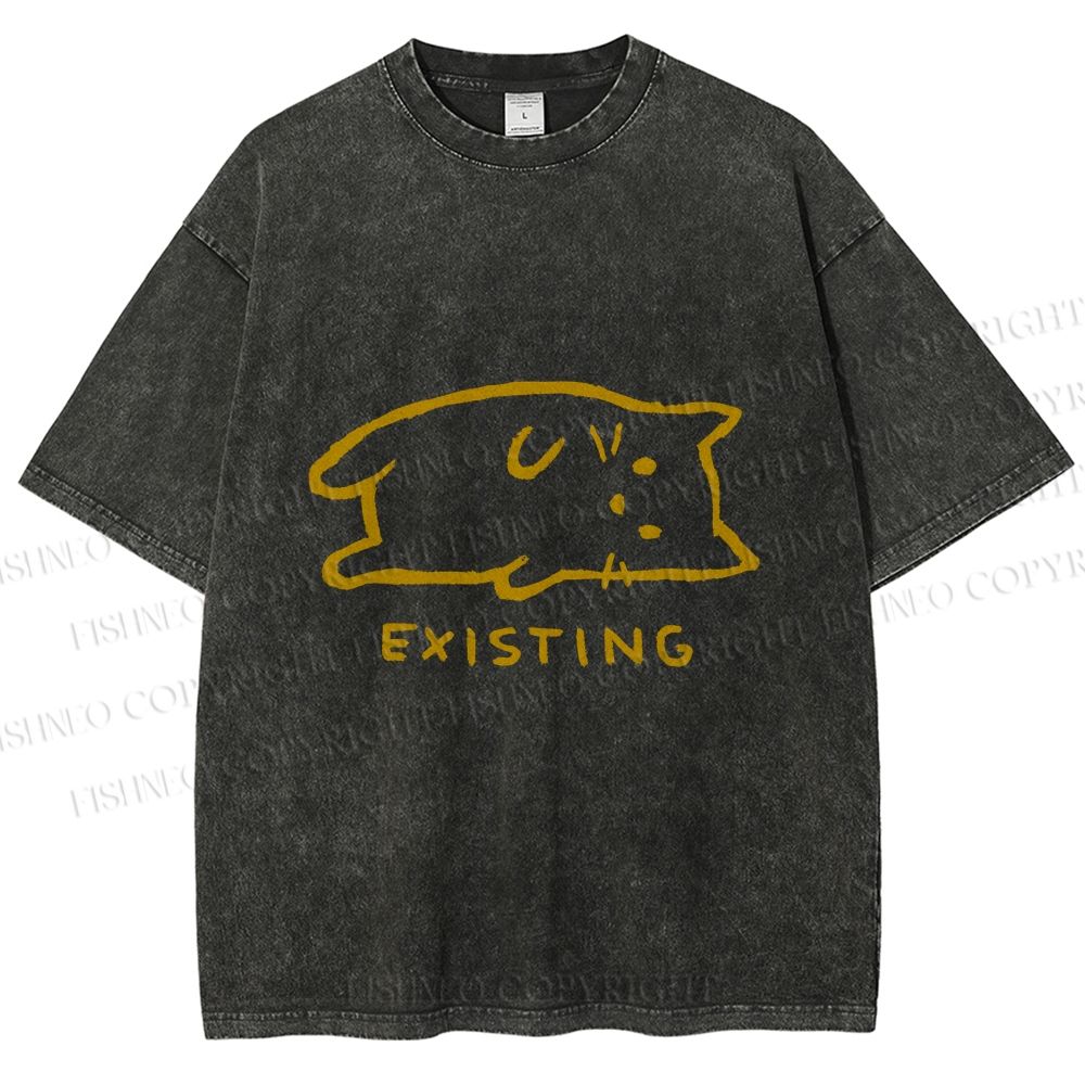 Unisex Laying Cat Existing Printed Washed Tee