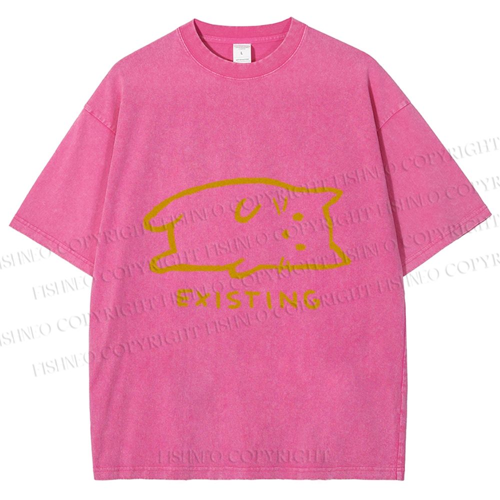 Unisex Laying Cat Existing Printed Washed Tee