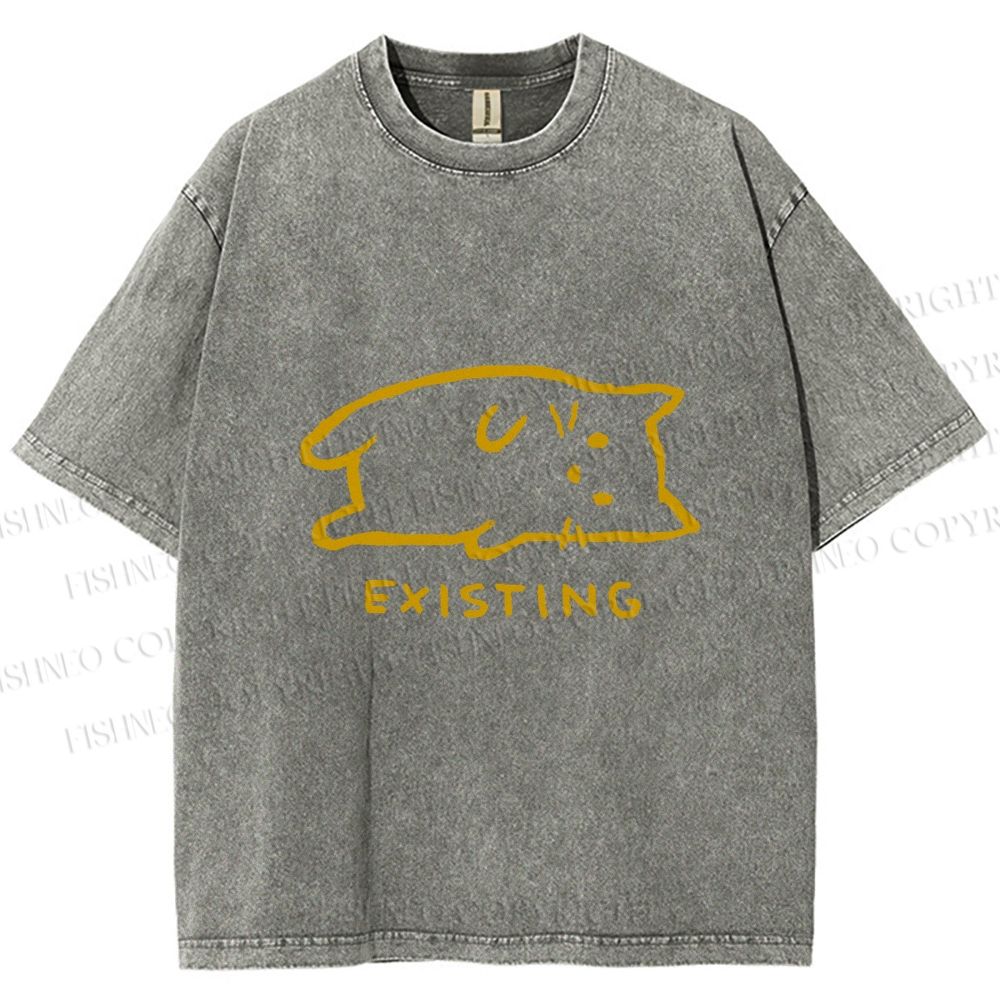 Unisex Laying Cat Existing Printed Washed Tee
