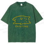 Unisex Laying Cat Existing Printed Washed Tee