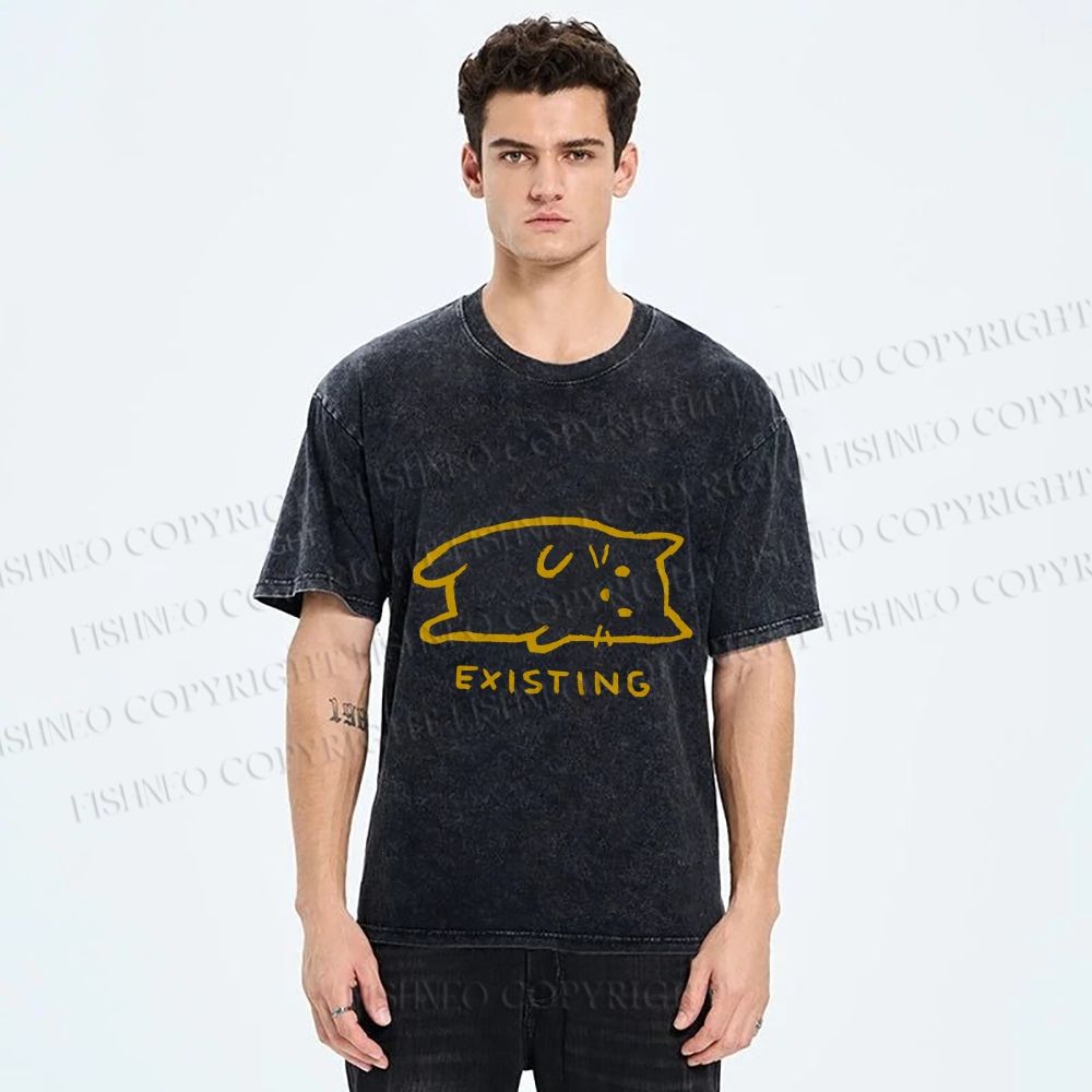 Unisex Laying Cat Existing Printed Washed Tee