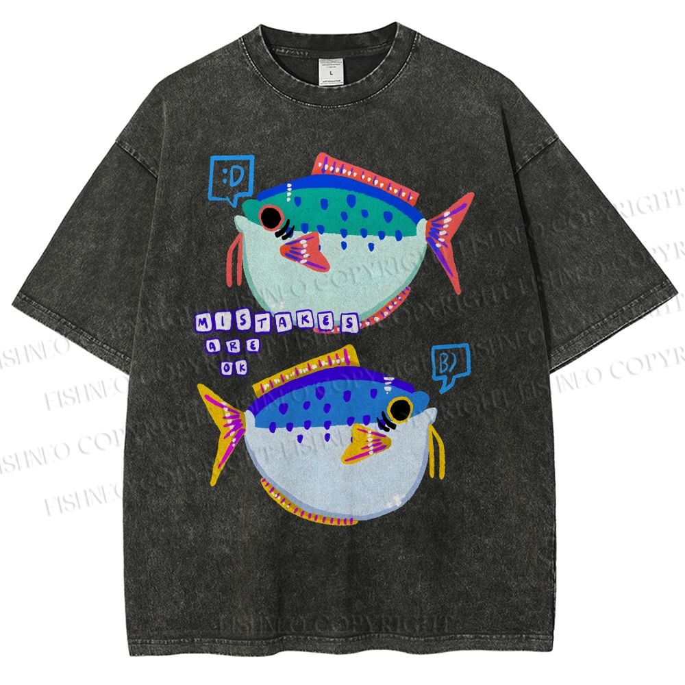 Unisex Colorful Cartoon Fish Printed Washed Tee