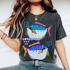 Unisex Colorful Cartoon Fish Printed Washed Tee