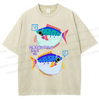 Unisex Colorful Cartoon Fish Printed Washed Tee
