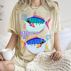 Unisex Colorful Cartoon Fish Printed Washed Tee
