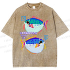 Unisex Colorful Cartoon Fish Printed Washed Tee