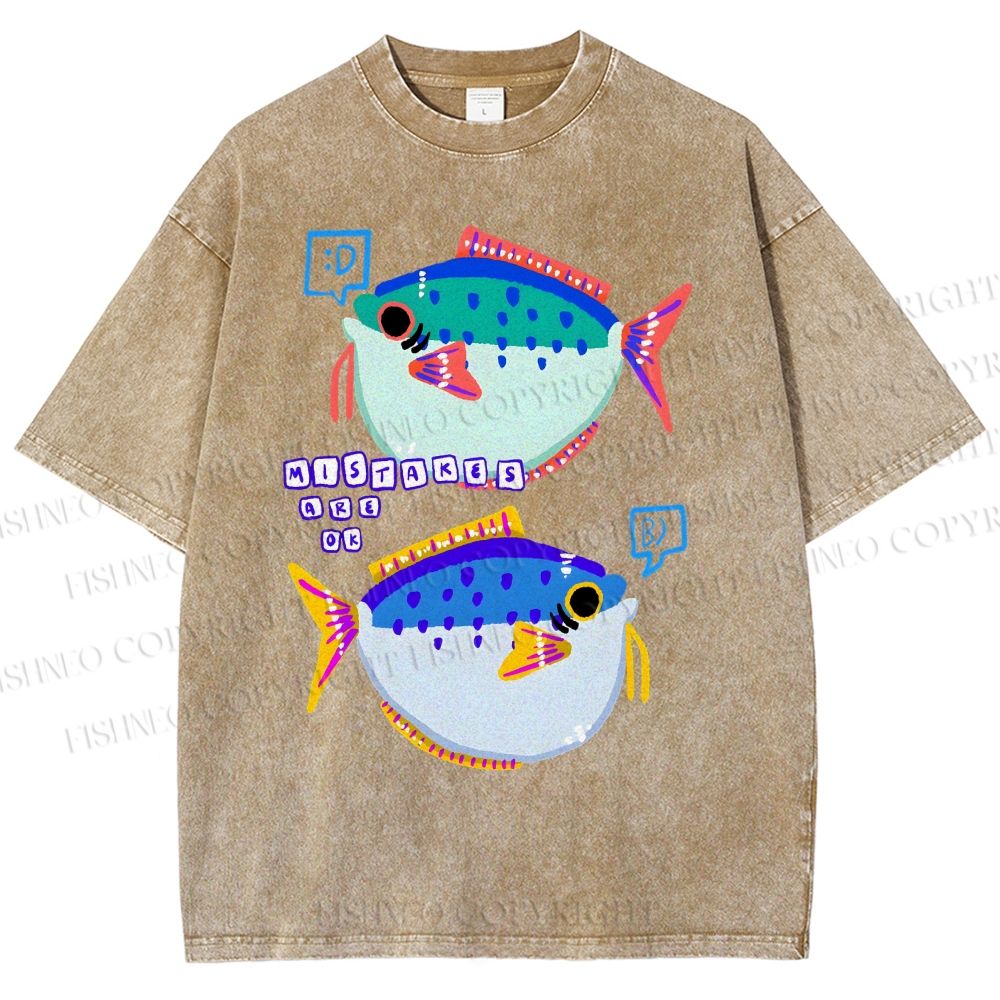 Unisex Colorful Cartoon Fish Printed Washed Tee