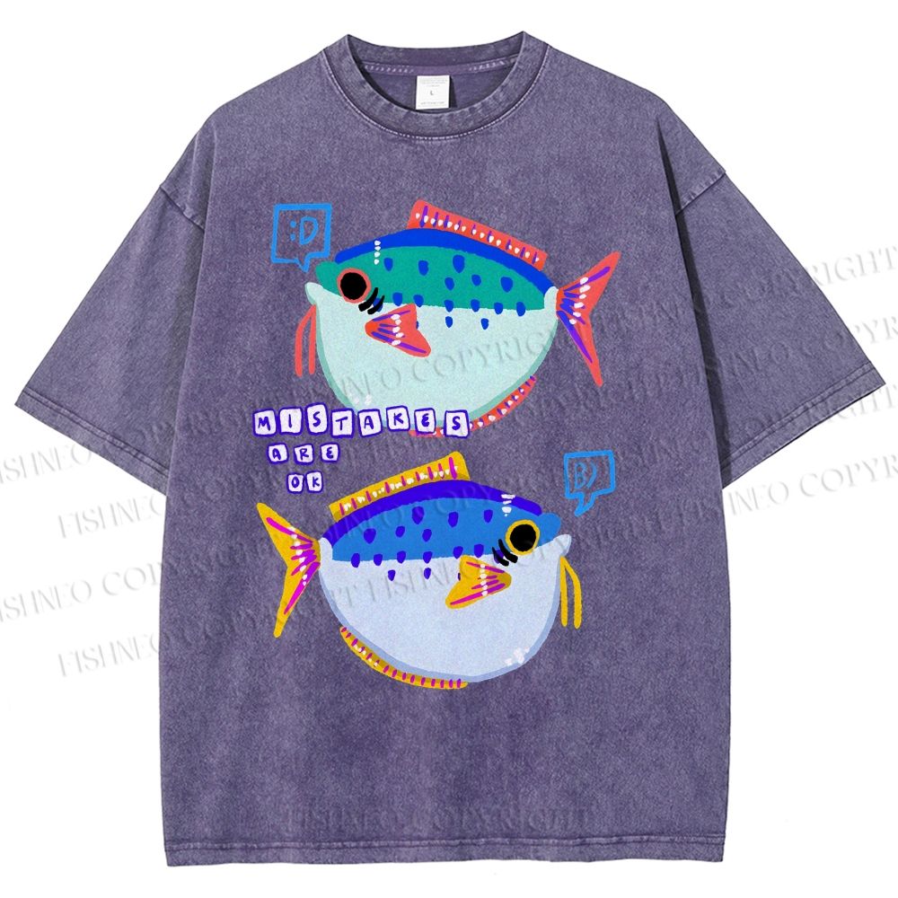 Unisex Colorful Cartoon Fish Printed Washed Tee