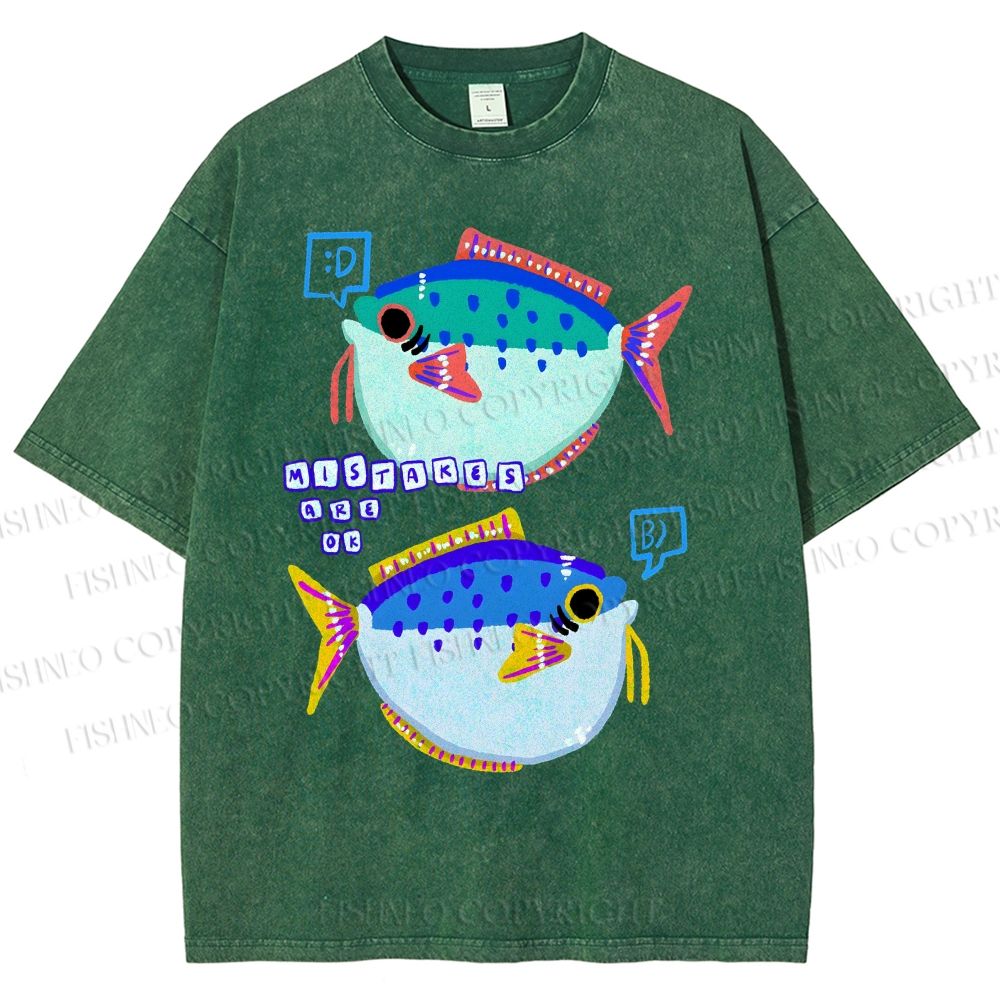 Unisex Colorful Cartoon Fish Printed Washed Tee