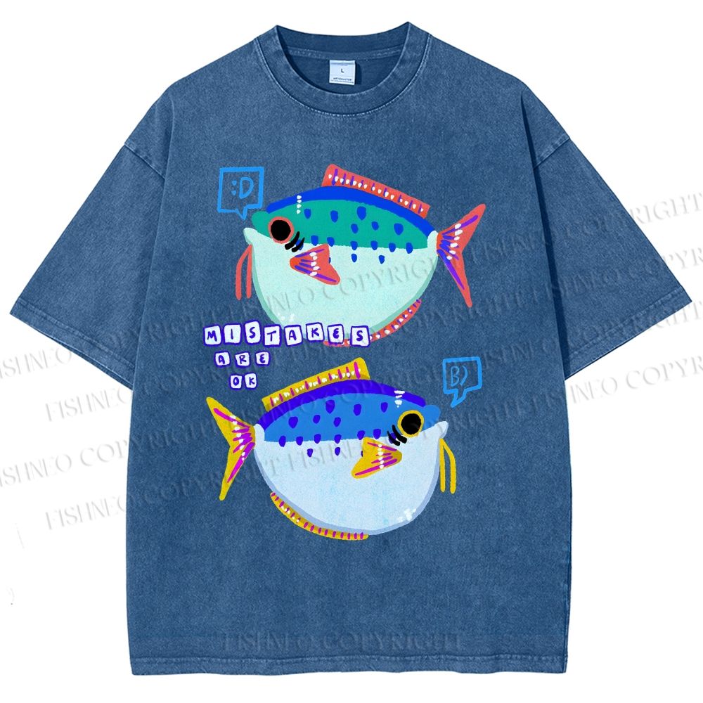 Unisex Colorful Cartoon Fish Printed Washed Tee