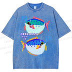 Unisex Colorful Cartoon Fish Printed Washed Tee