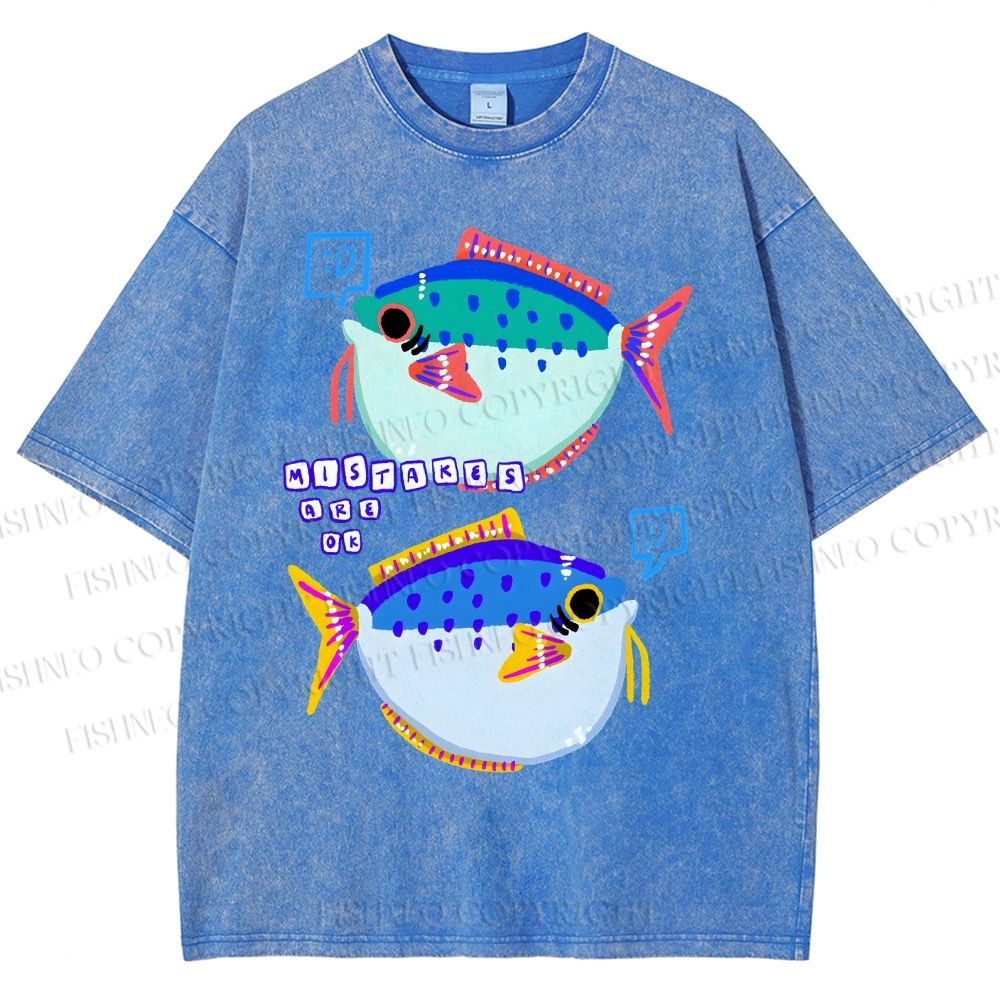 Unisex Colorful Cartoon Fish Printed Washed Tee