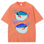 Unisex Colorful Cartoon Fish Printed Washed Tee