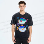 Unisex Colorful Cartoon Fish Printed Washed Tee