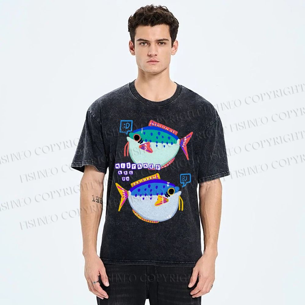 Unisex Colorful Cartoon Fish Printed Washed Tee