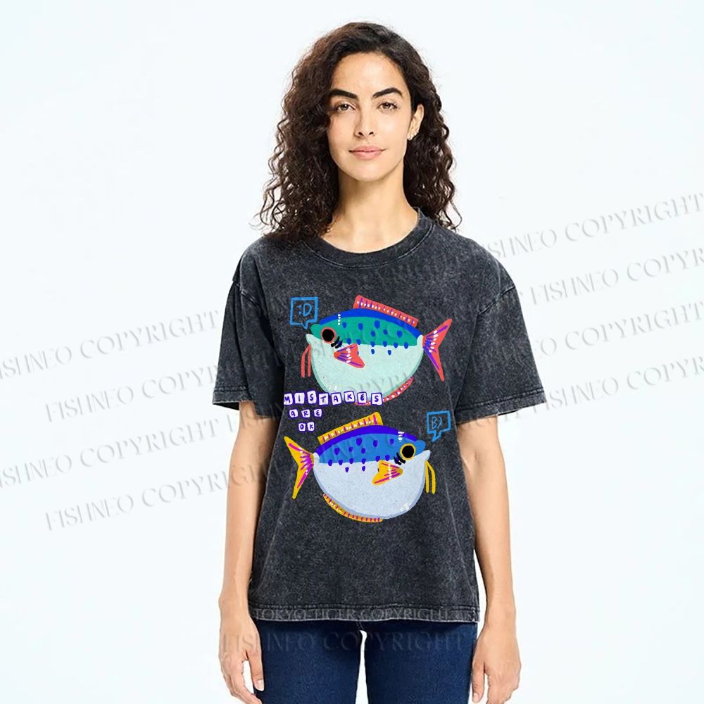 Unisex Colorful Cartoon Fish Printed Washed Tee