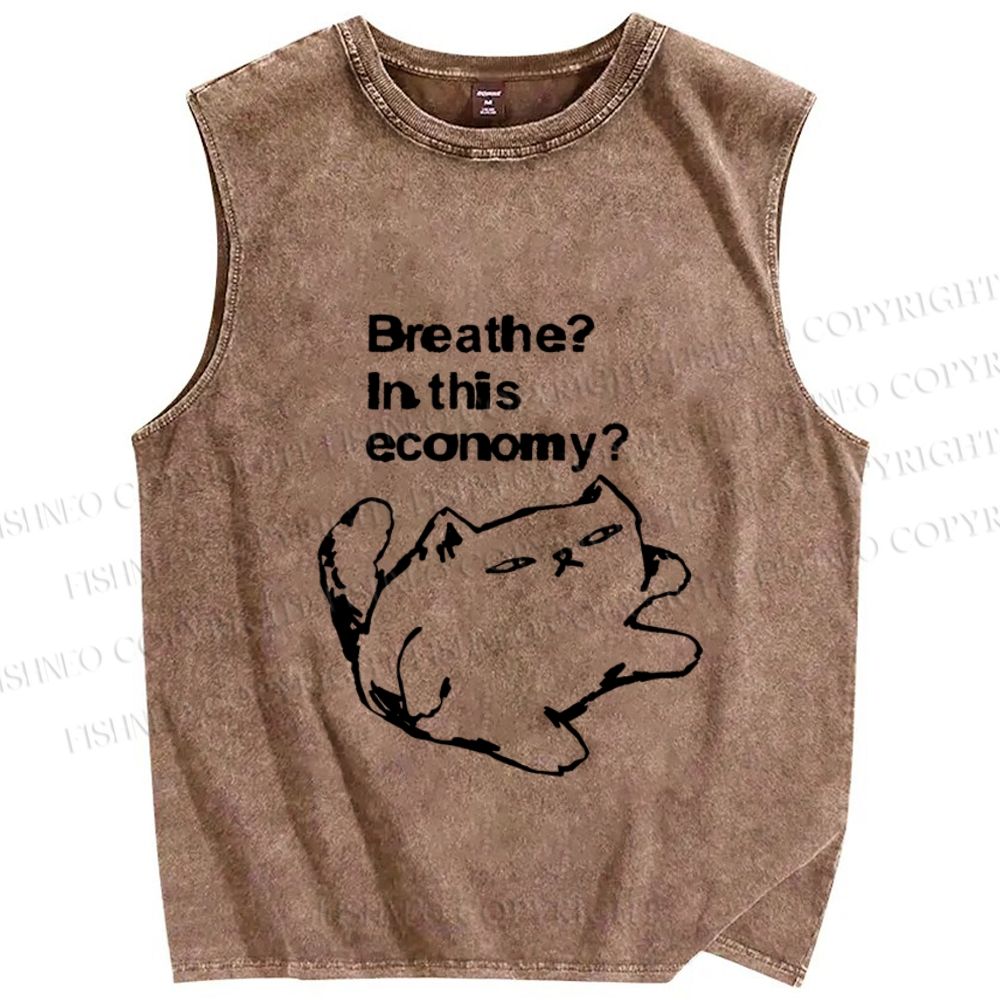 Unisex Breathe in this economy Cat Printed Washed Tank Top