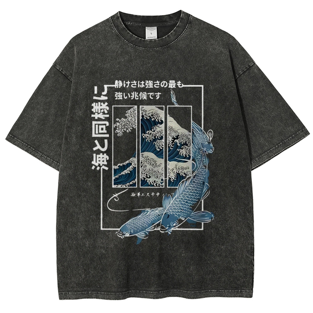 Ukiyoe Waves And Fish Washed T-Shirt