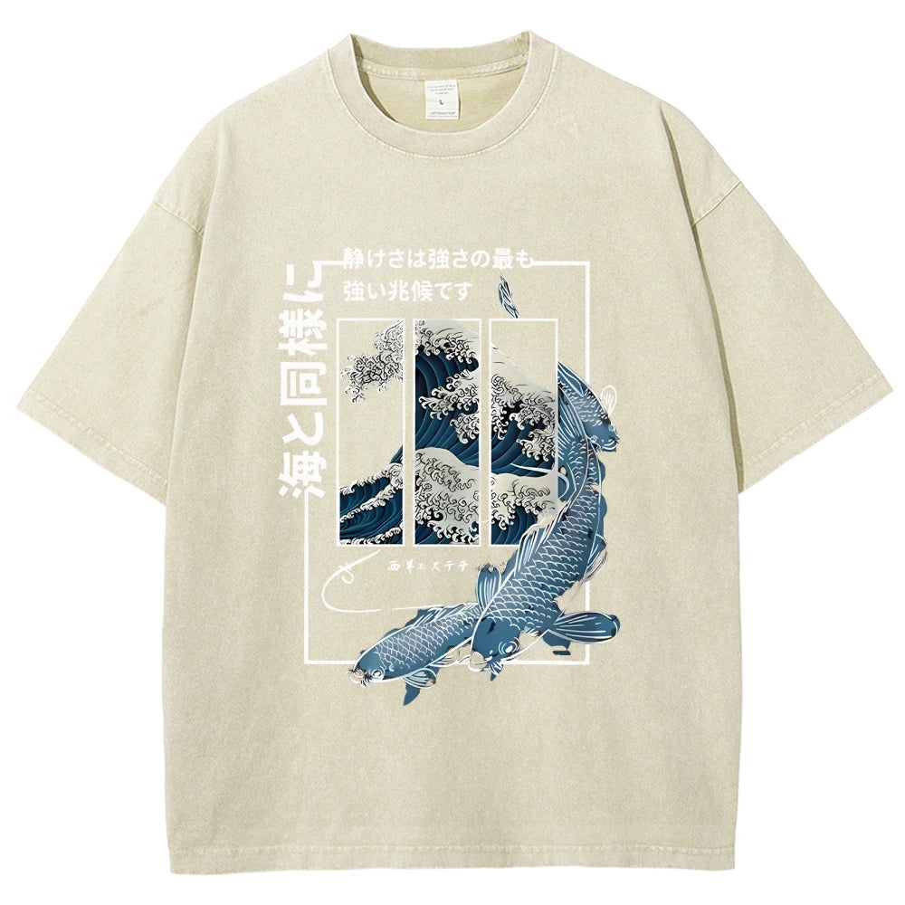 Ukiyoe Waves And Fish Washed T-Shirt