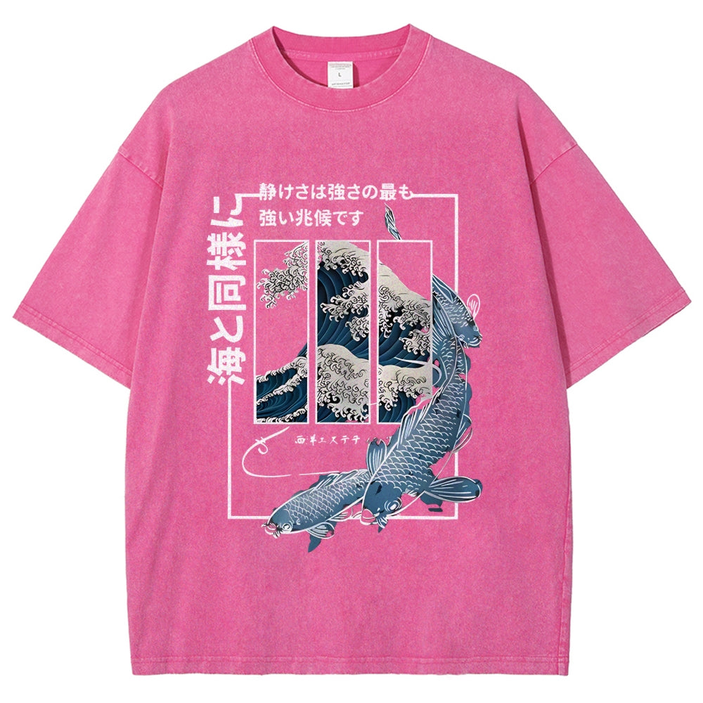 Ukiyoe Waves And Fish Washed T-Shirt